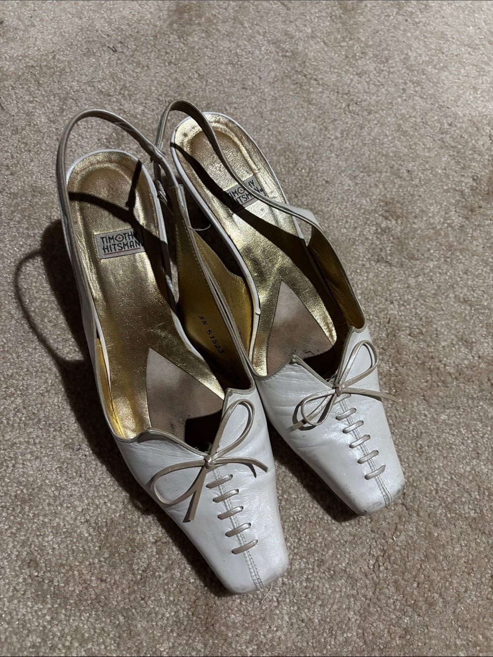 Timothy Hitsman White Leather Lace-Up Slingback Pumps with Gold Interior